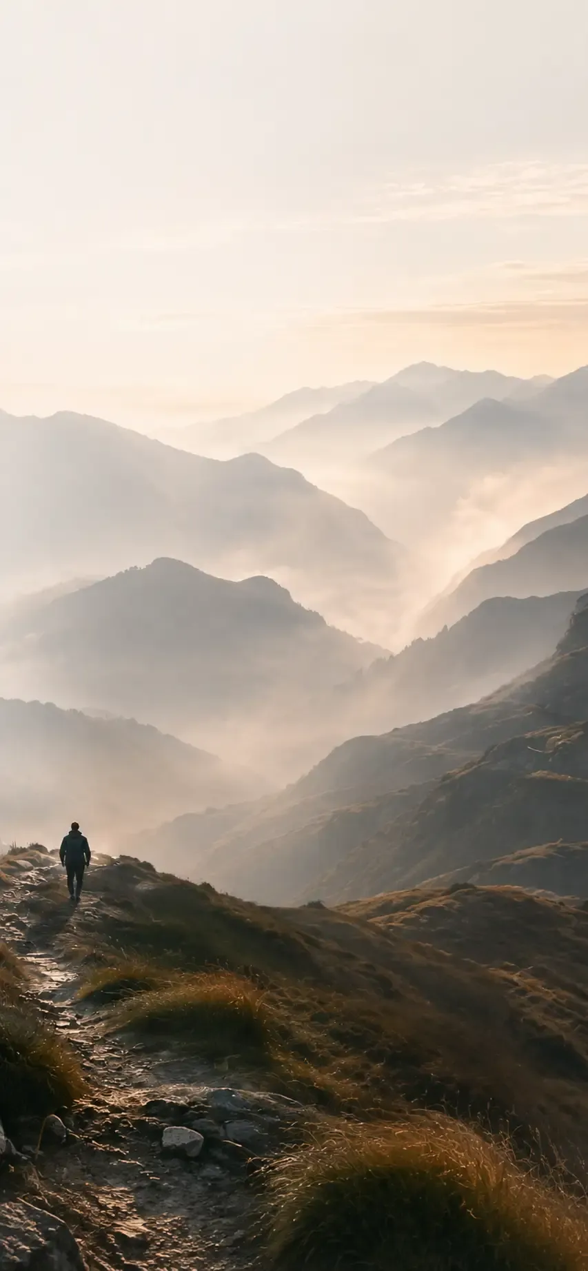 A thoughtful leader walking through a misty mountain landscape