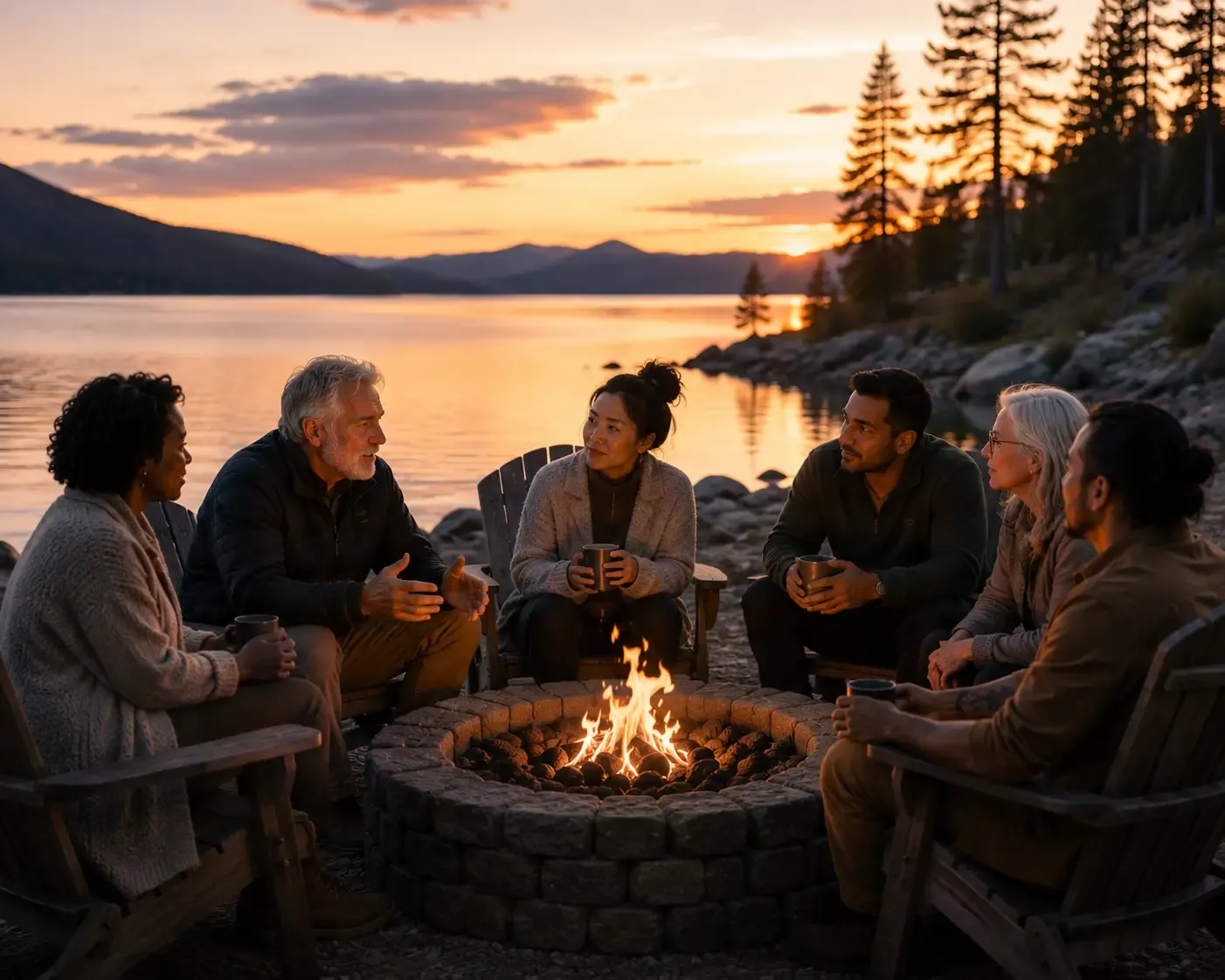 A group of thoughtful leaders gathered around a campfire by a lake