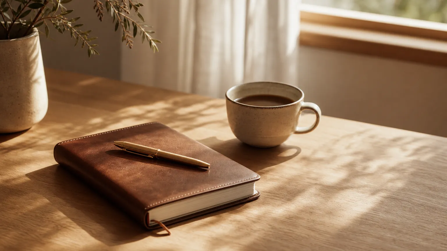A warmly lit desk with a leather notebook, coffee, and pen