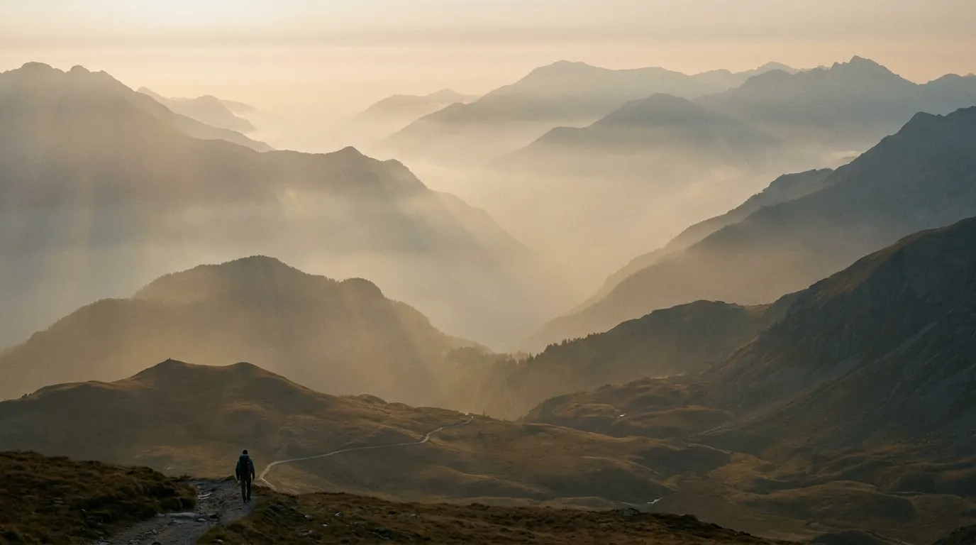 A thoughtful leader looking across a sunrise mountain valley